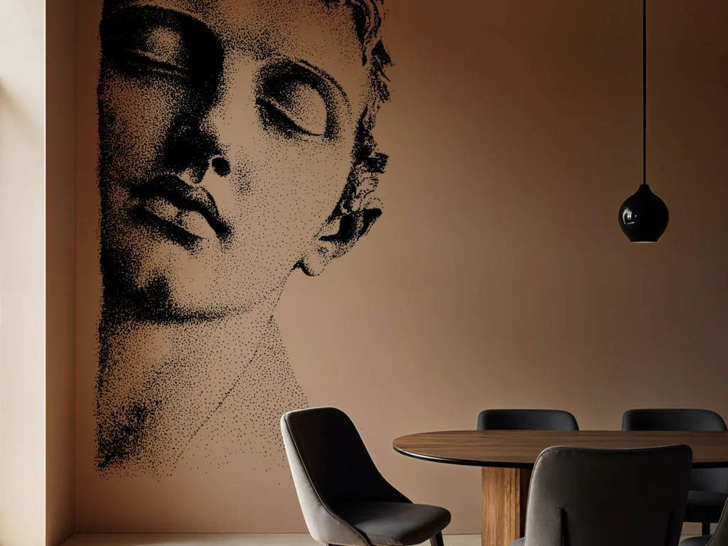 Vue d'une salle à manger avec projection d'impression murale